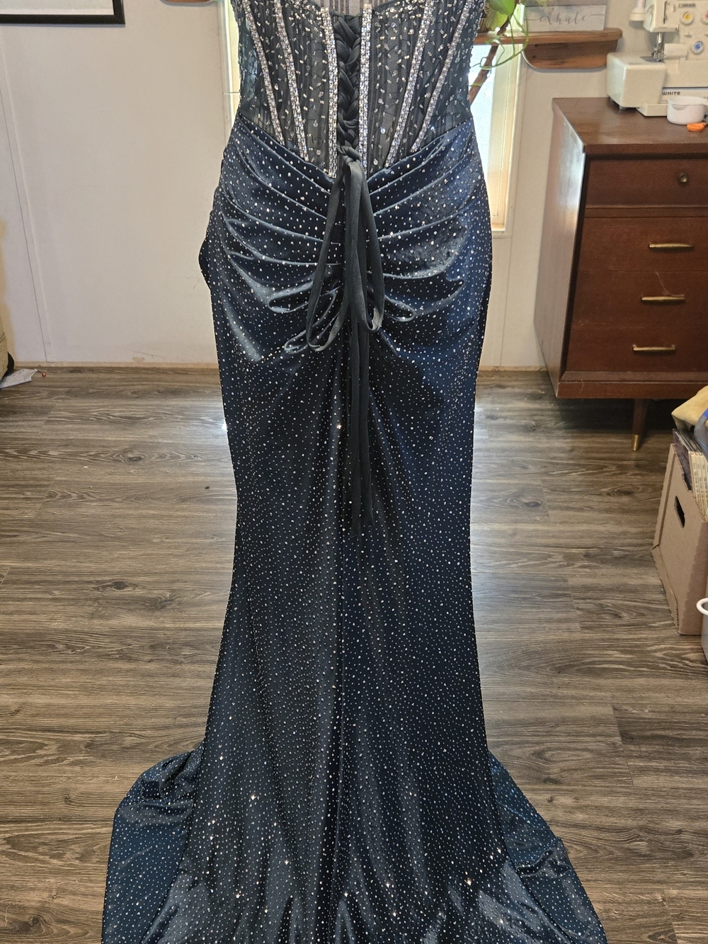 Midnight Teal/Deep Teal Strapless Crystal Corset Evening Gown - Picture 2 of 3